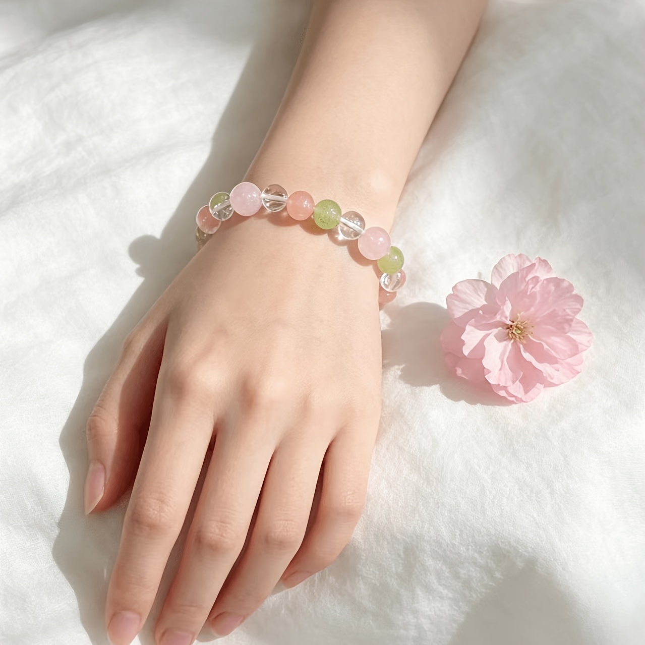 Boho Pastel Pink Green Crystal Beaded Bracelet, Handmade